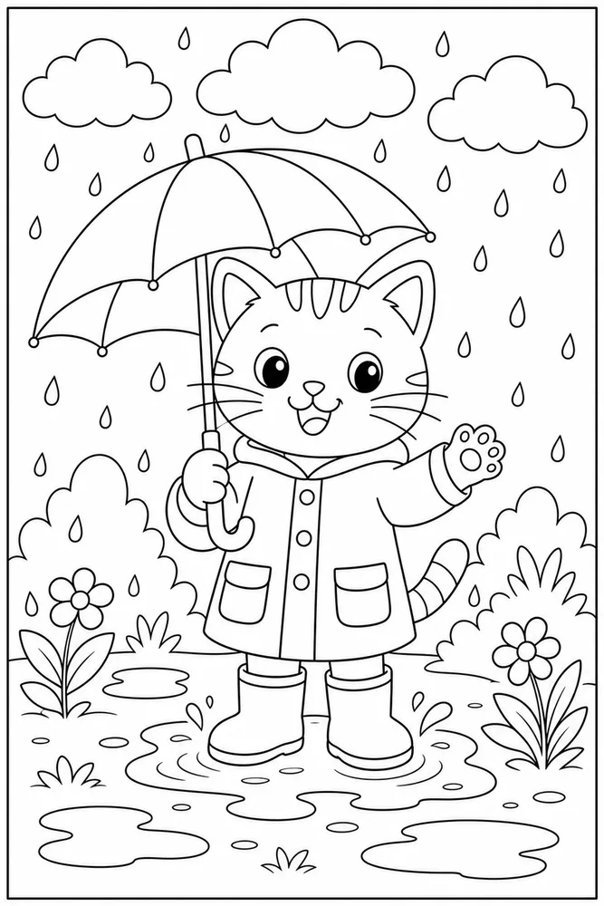 Rainy Day Cat Raincoat printable coloring page for kids