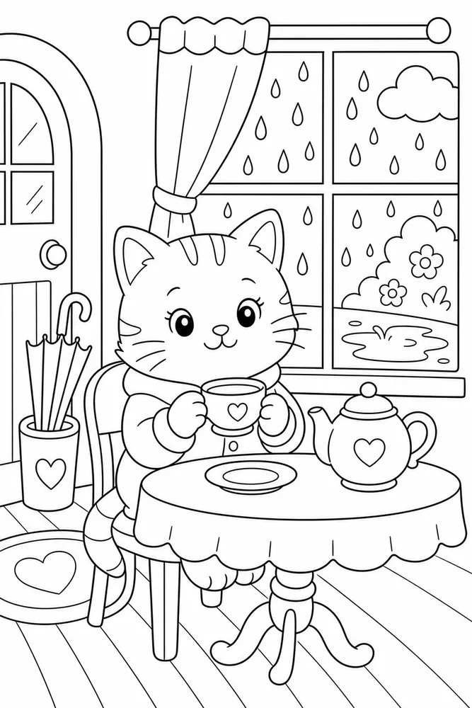 Rainy Day Cat Tea Table printable coloring page for kids