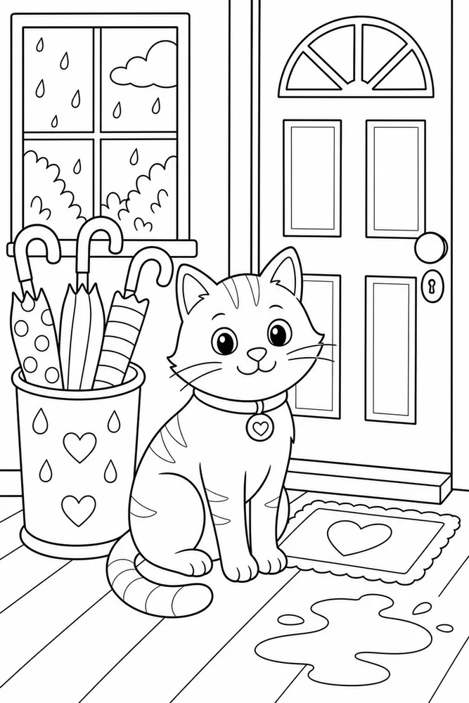Rainy Day Cat Umbrella Stand printable coloring page for kids