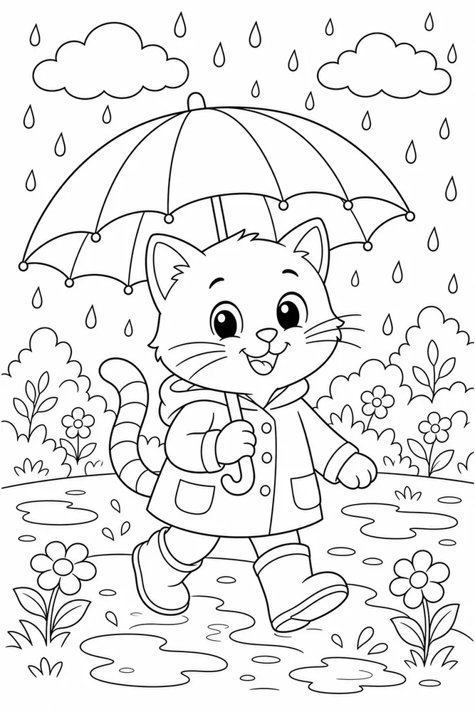 Rainy Day Cat Coloring Pages preview: Rainy Day Cat Umbrella Walk printable coloring page for kids