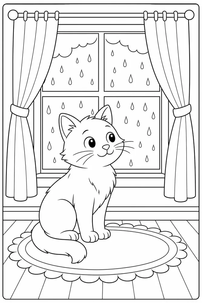 Rainy Day Cat Window Rain printable coloring page for kids