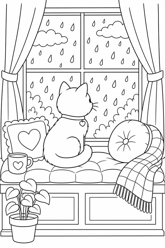 Rainy Day Cat Window Seat printable coloring page for kids