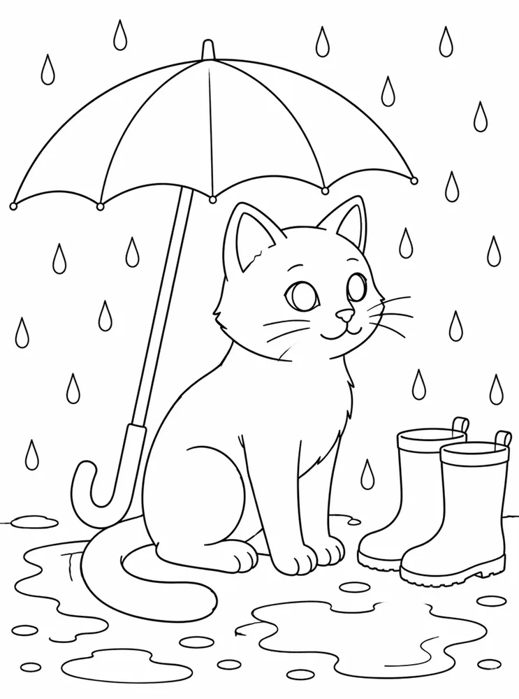 Rainy day cat with umbrella coloring page