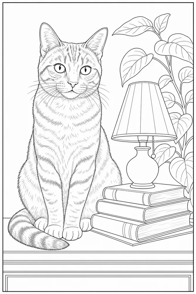 Realistic cat beside stacked books coloring page