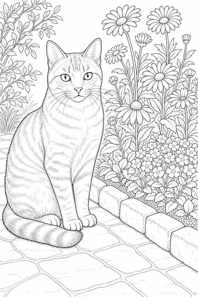 Realistic cat beside a flower bed coloring page