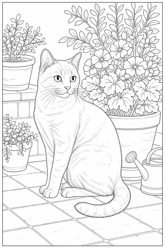 Realistic cat beside a patio planter coloring page