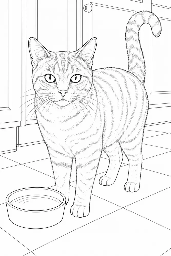 Realistic cat beside a water bowl coloring page