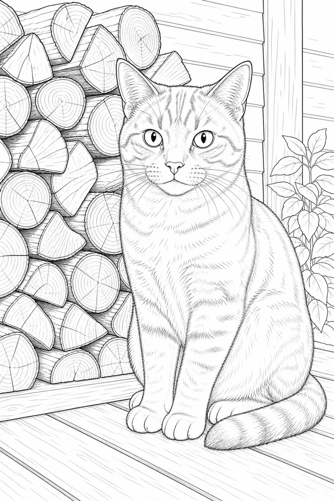Realistic cat beside a firewood stack coloring page
