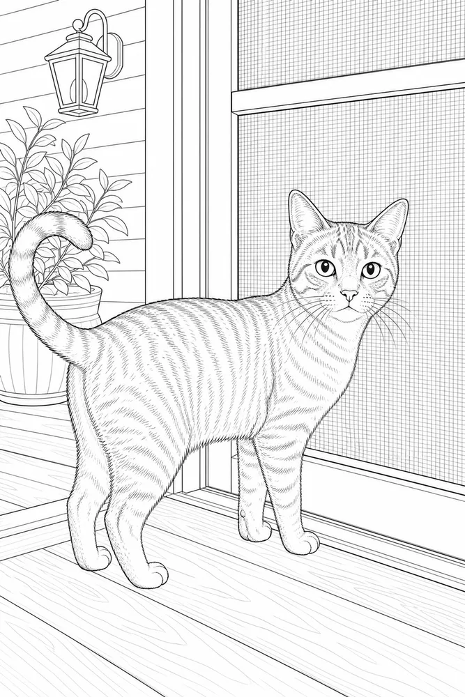 Realistic cat beside a screen door coloring page