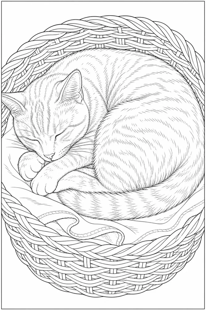 Realistic cat curled in a woven basket coloring page