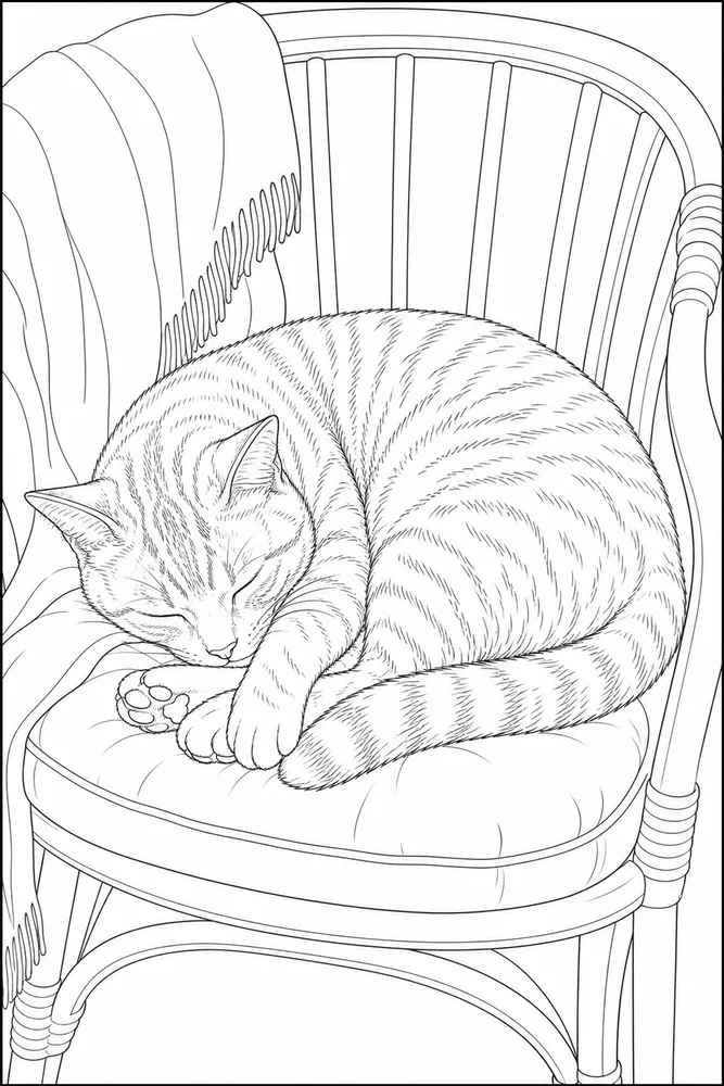 Realistic cat curled on a chair coloring page