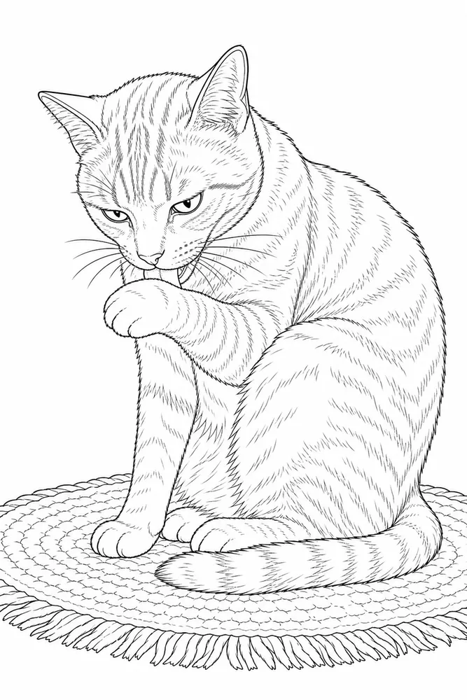 Realistic cat grooming its paw coloring page
