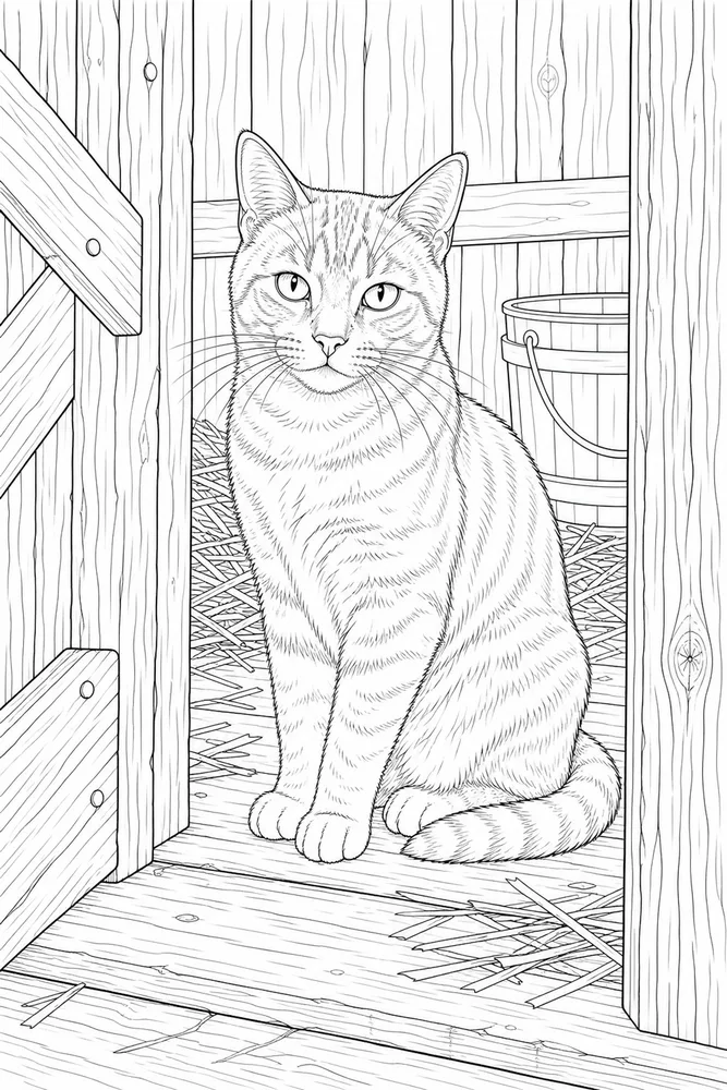 Realistic cat sitting in a barn doorway coloring page