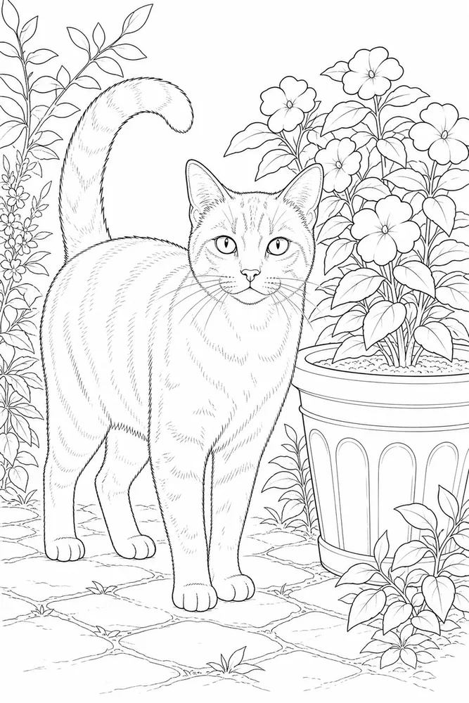 Realistic cat beside a garden pot coloring page