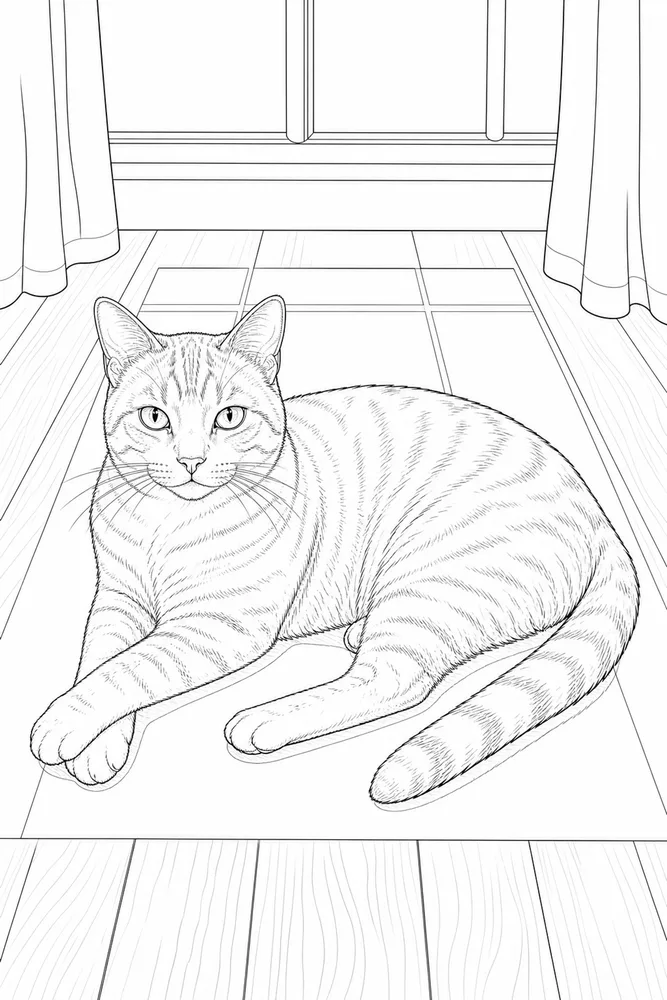 Realistic cat lying in a sun patch coloring page