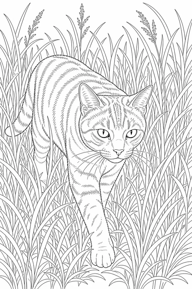 Realistic cat moving through tall grass coloring page