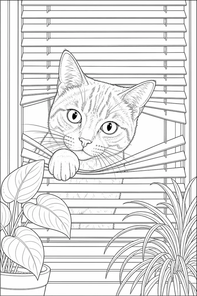 Realistic cat peeking through window blinds coloring page