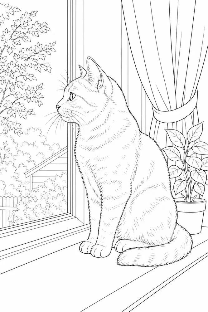 Realistic cat looking out a window coloring page