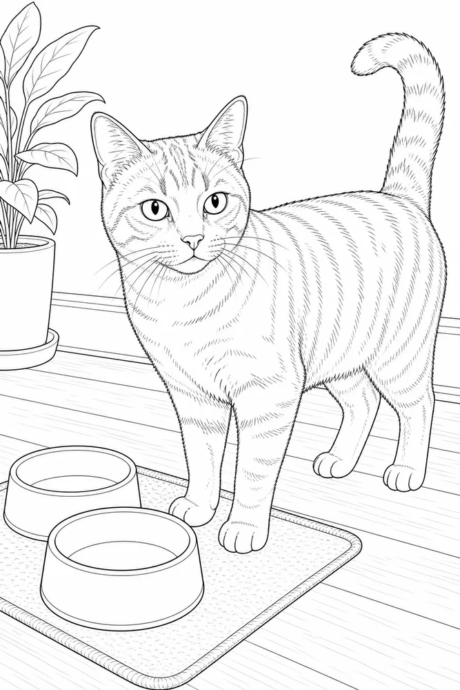Realistic cat near feeding bowls coloring page