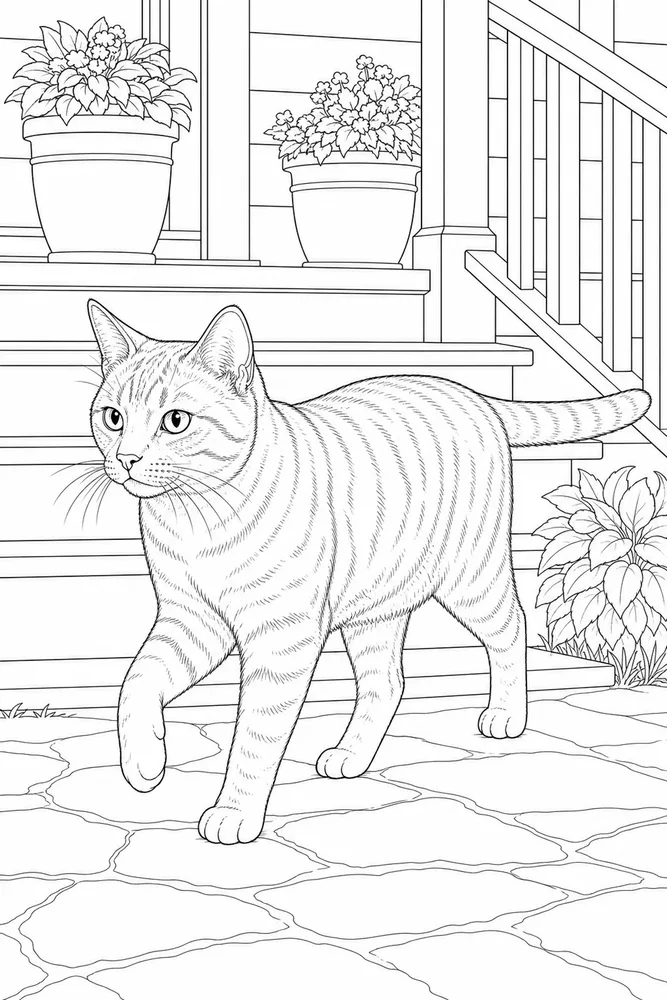 Realistic cat walking near porch steps coloring page
