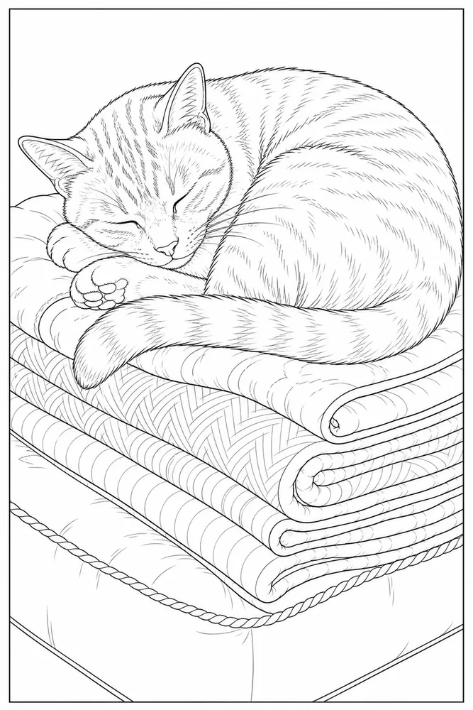 Realistic cat curled on folded blankets coloring page