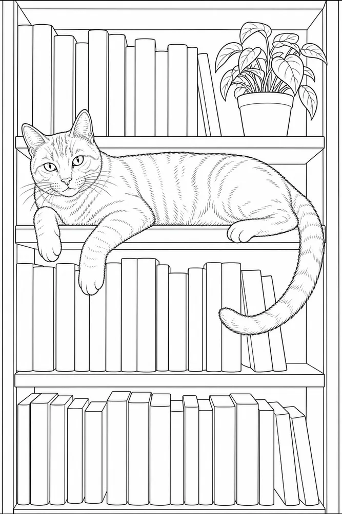 Realistic cat lying on a bookshelf coloring page