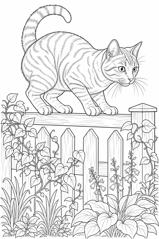 Realistic cat balancing on a fence coloring page
