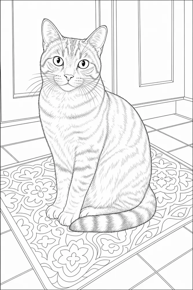 Realistic cat sitting on a kitchen mat coloring page