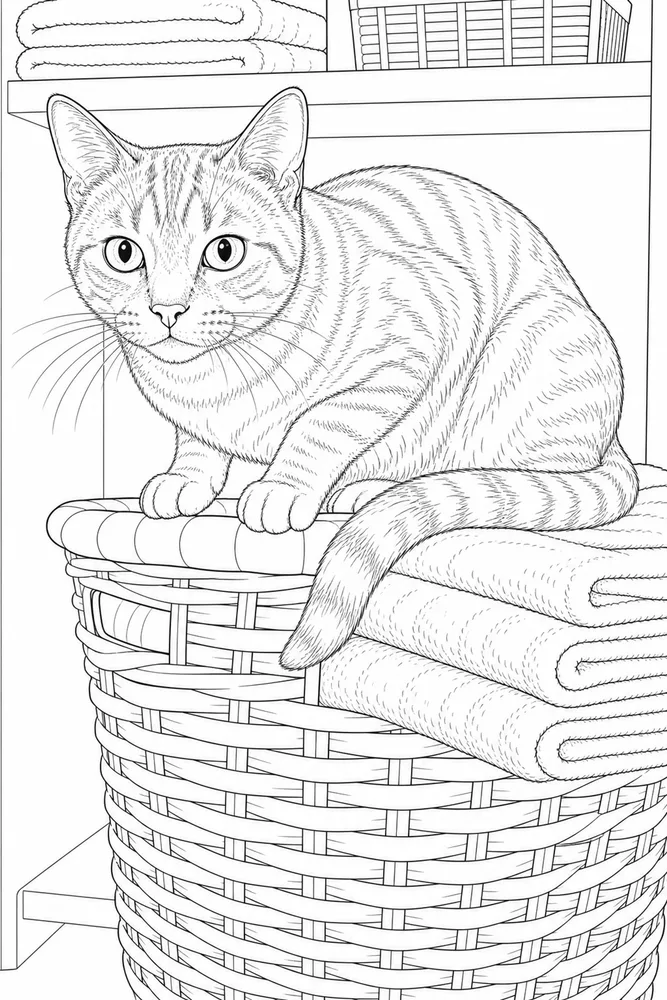Realistic cat perched on a laundry basket coloring page
