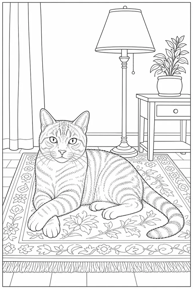 Realistic cat lying on a rug near a lamp coloring page