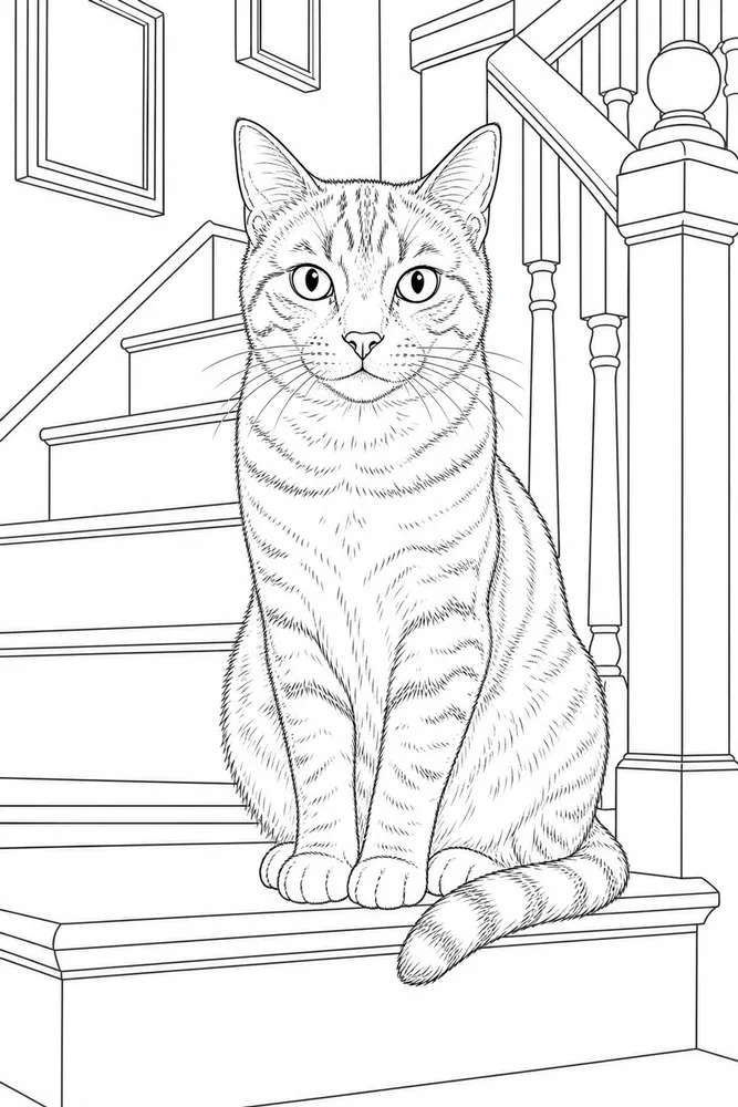 Realistic cat sitting on a stair landing coloring page