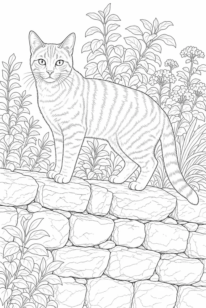 Realistic cat standing on a stone wall coloring page
