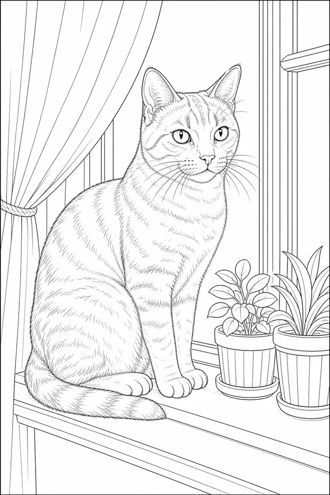 Realistic cat sitting on a window sill coloring page