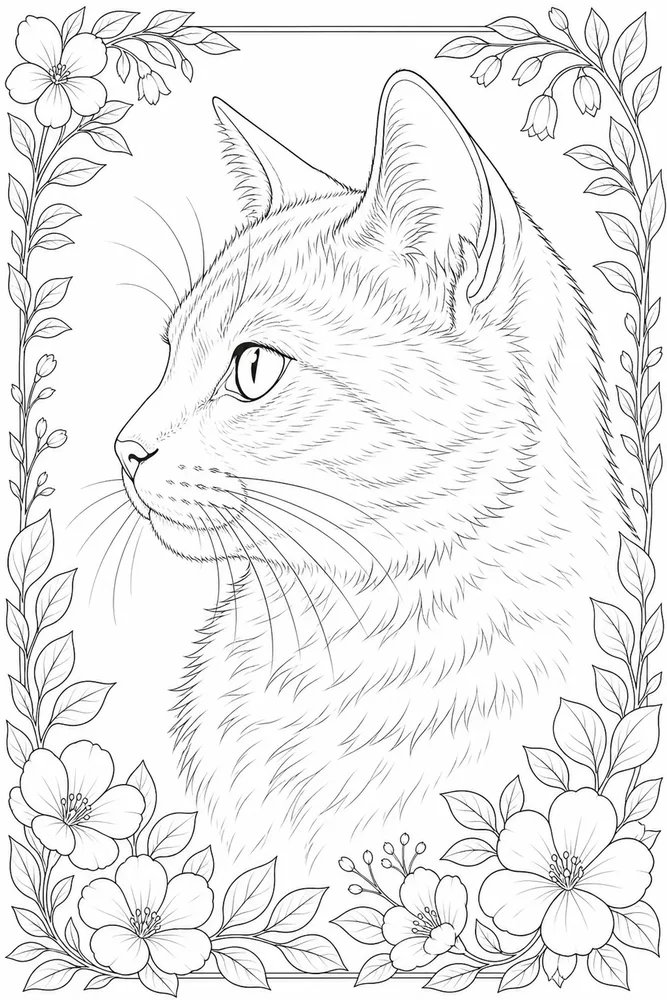 Realistic side-profile cat portrait coloring page