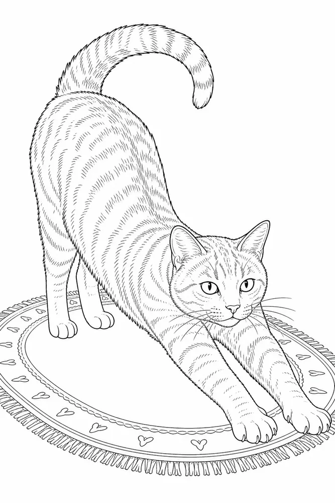 Realistic cat stretching coloring page