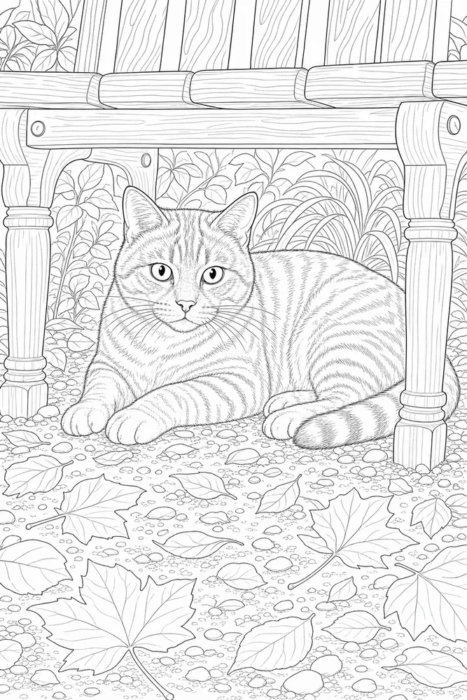 Realistic cat resting under a garden bench coloring page