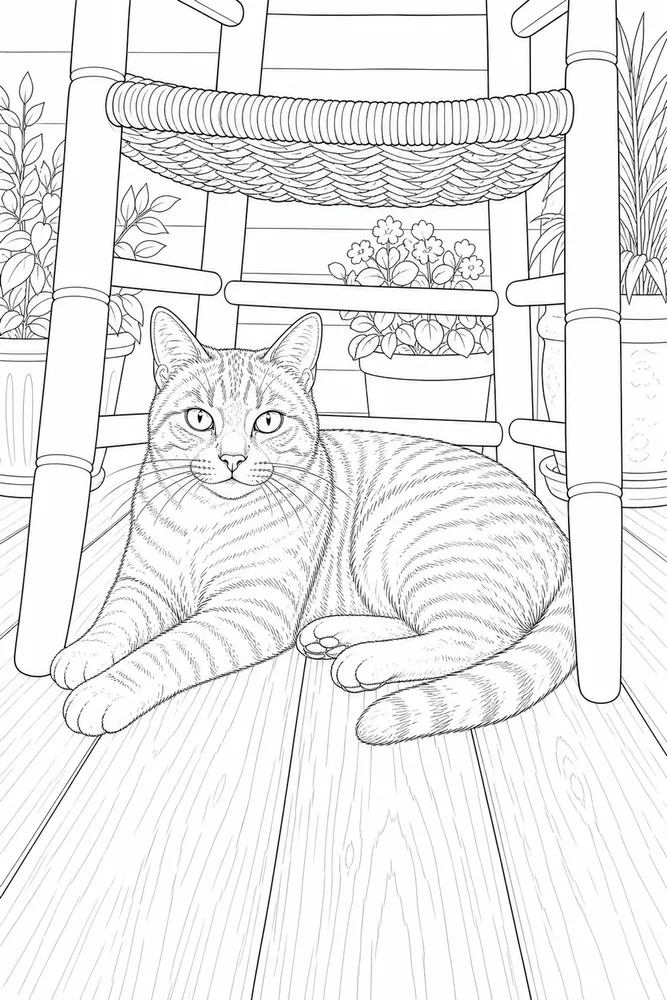 Realistic cat resting under a porch chair coloring page