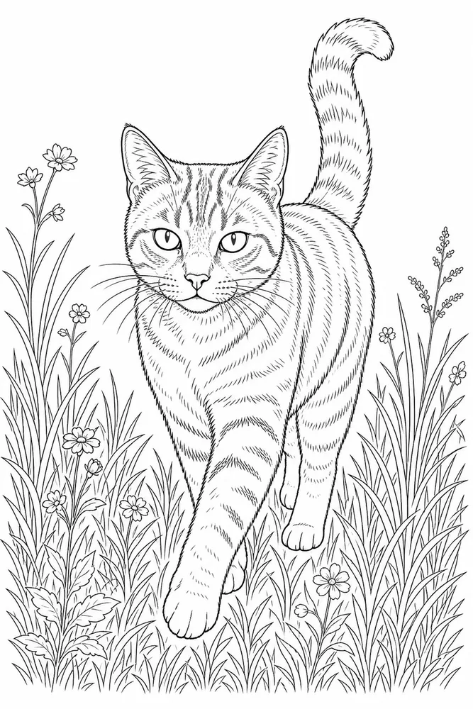Realistic cat walking in grass coloring page