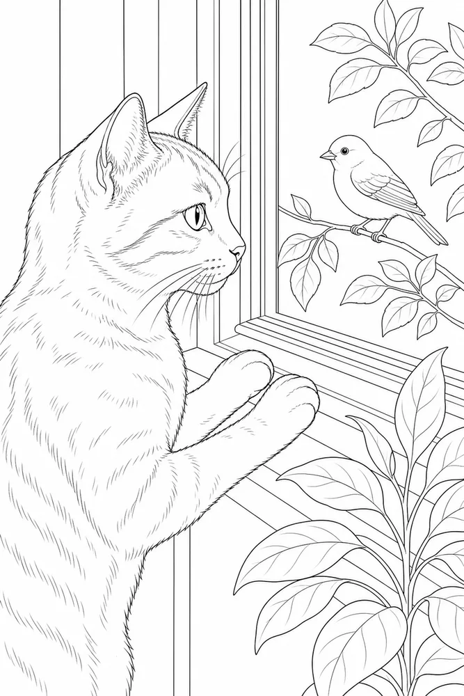 Realistic cat watching a bird through a window coloring page