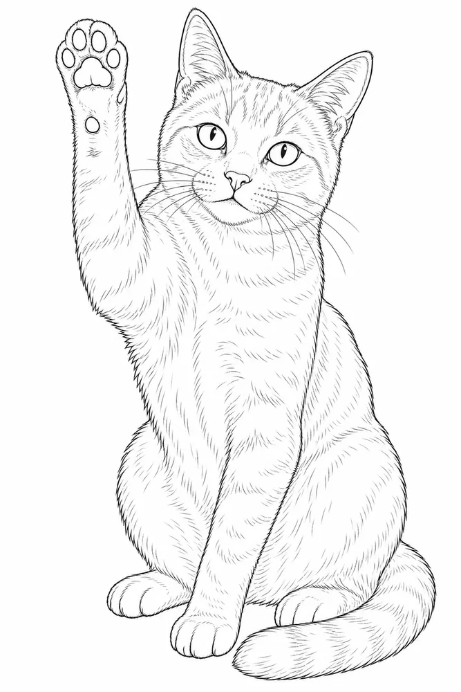 Realistic cat sitting with one raised paw coloring page