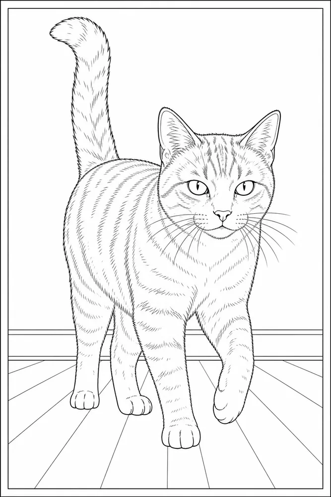 Realistic cat walking with a raised tail coloring page