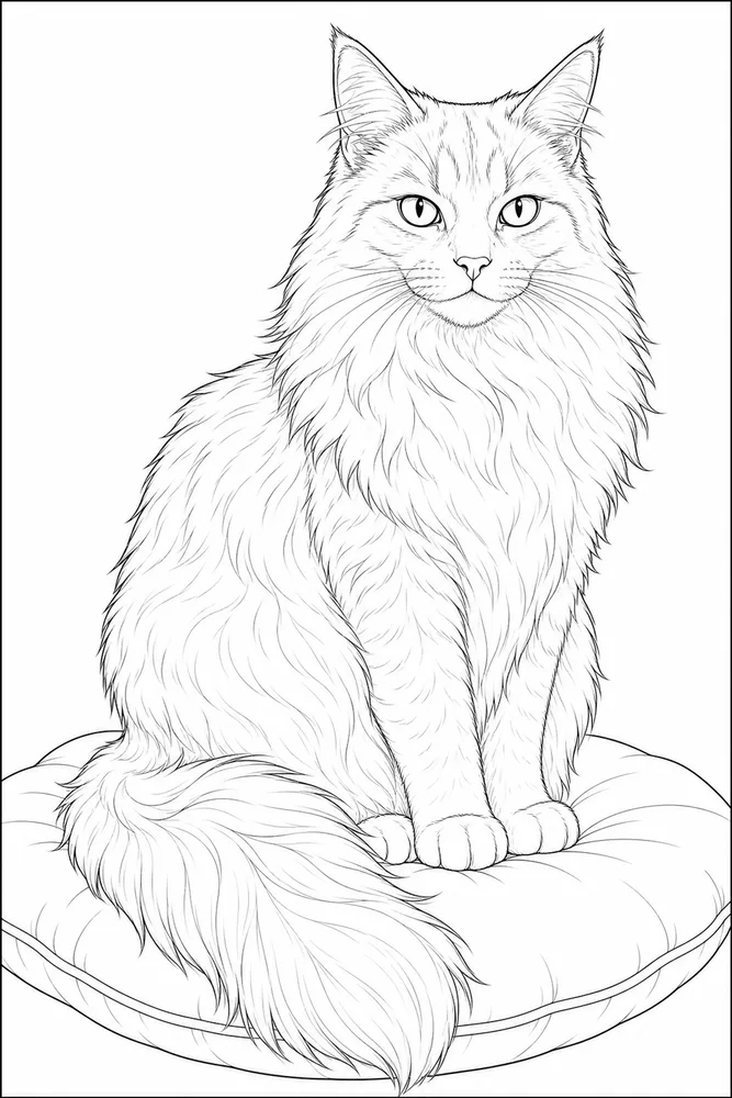 Realistic long-haired cat coloring page