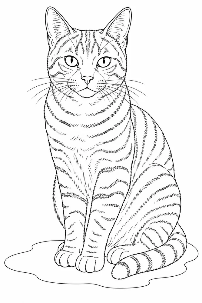 Realistic Cat Coloring Pages preview: Realistic sitting tabby cat coloring page