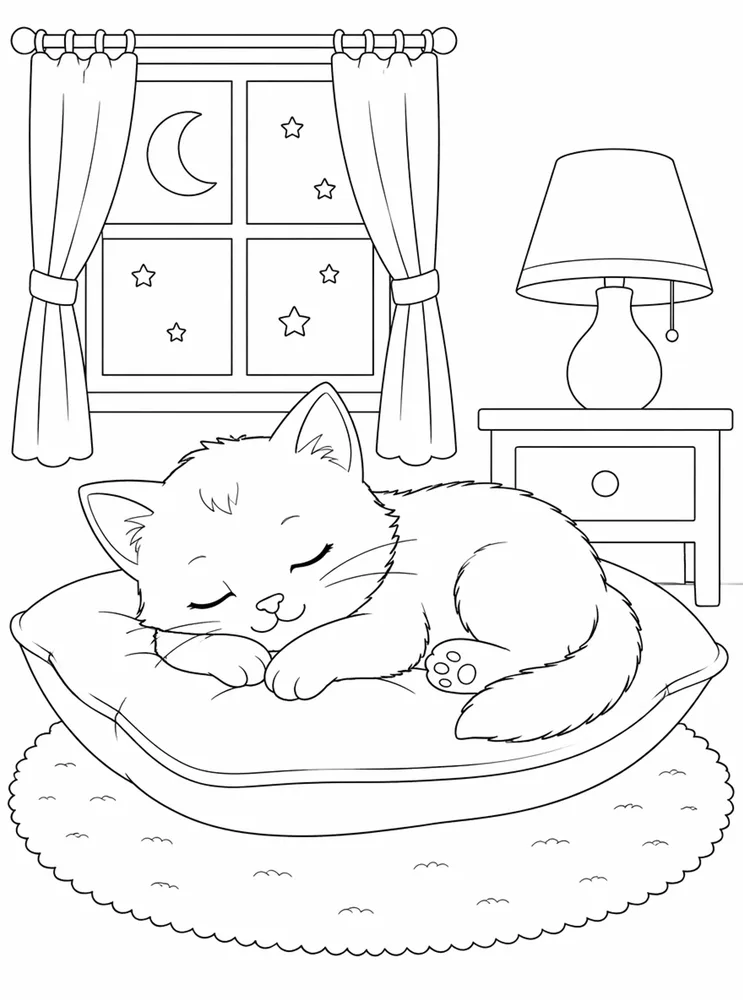 Sleeping kitten in a cozy bedroom coloring page
