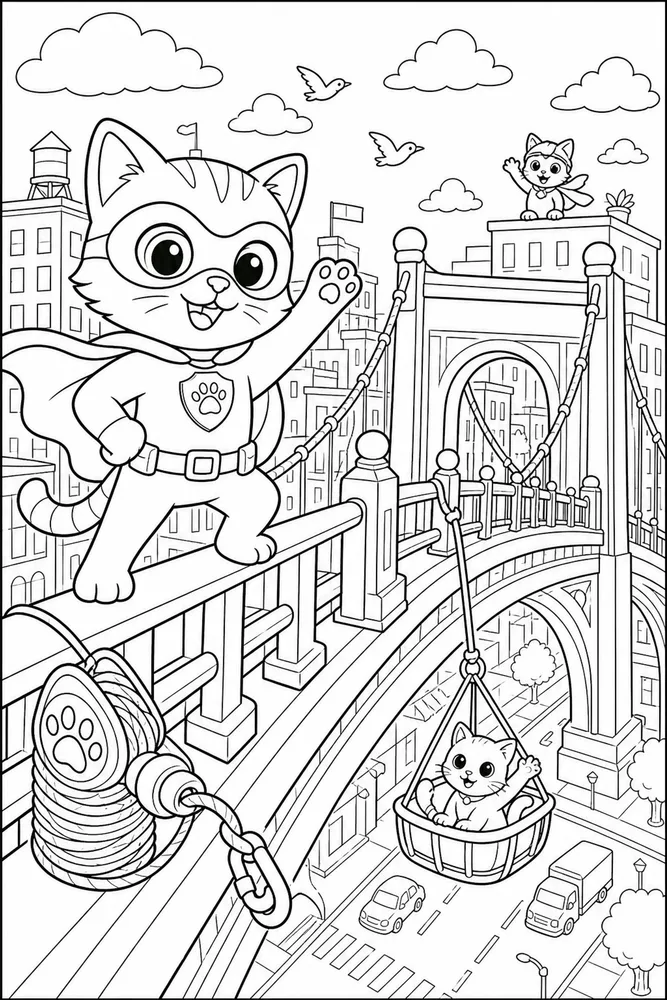 Super Kitty Super Kitty City Bridge Scene printable coloring page