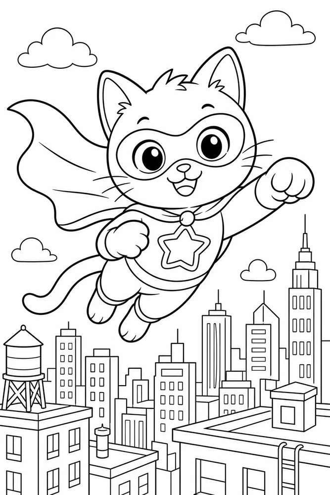 Super Kitty Super Kitty Flying Over Skyline printable coloring page