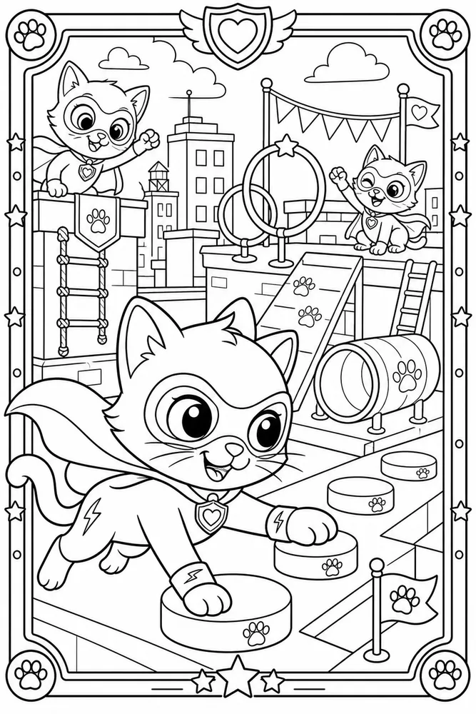 Super Kitty Super Kitty Obstacle Course printable coloring page
