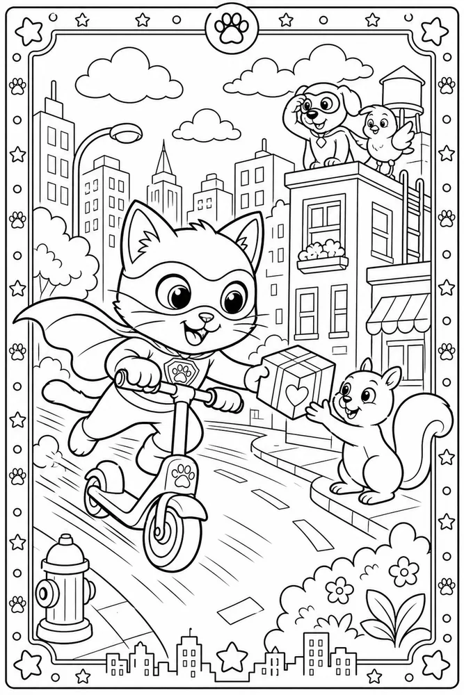 Super Kitty Super Kitty Racing Scooter printable coloring page
