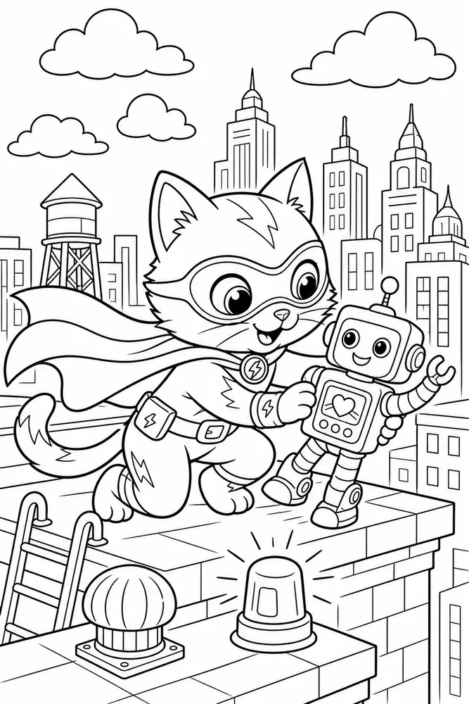 Super Kitty Super Kitty with Robot Toy printable coloring page