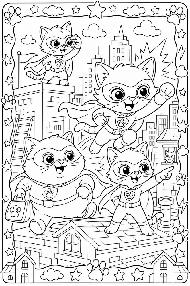 Super Kitty Team of Superhero Kittens printable coloring page
